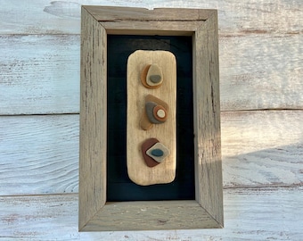 Beach Stone and Driftwood Sculpture in Barn Wood Frame