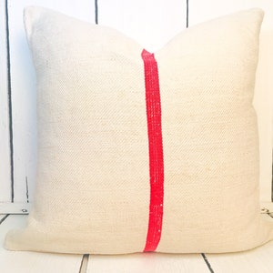Authentic Grain Sack 18”x18” Red Stripe bright background