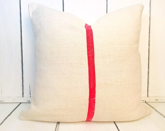 Authentic Grain Sack 18”x18” Red Stripe bright background