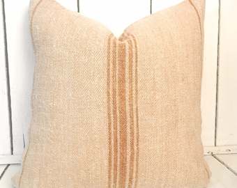 Authentic Grain Sack - Caramel Stripe - Backed with Coordinating ticking - 18x18”