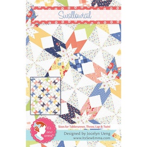 May include: A quilt pattern titled "Swallowtail" with a colorful patchwork design. The pattern features star-like shapes in various colors, including blue, yellow, and red, with the text "Swallowtail" at the top. Designed by Jocelyn Ueng.