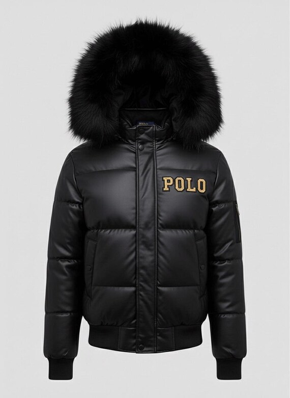 Polo leather jacket R L Men’s black Leather Puffer Bomber Jacket Genuine Cowhide Skin Winter Jackets