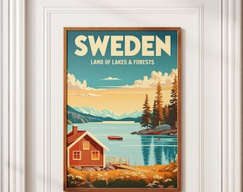 Sweden Travel Poster – Vintage Lakeside Cabin Wall Art, Nordic Nature Print, Digital Download Instant, Home Décor Print, Digital Print