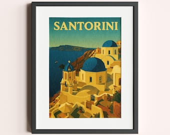 Santorini Greece Travel Poster | Vintage Mediterranean Wall Art | Digital Download, Retro Coastal Print, Digital Print, Instant Download