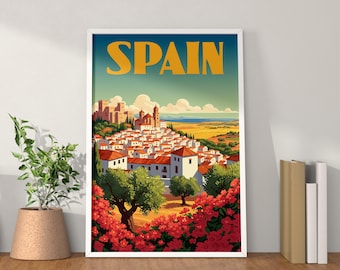 Vintage Spain Travel Poster – Retro Wall Art Print, Mediterranean Landscape with White Village, Digital Instant Download, Printable Poster