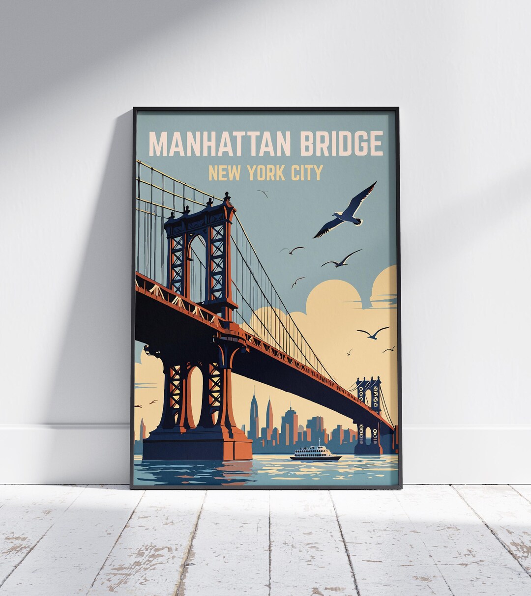 Manhattan Bridge New York City Vintage Travel Poster – Retro Skyline ...