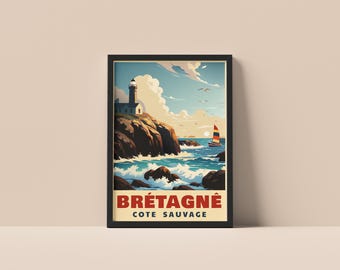 Plakat podróżniczy z motywem wybrzeża Bretanii: Vintage wydruk z francuską latarnią morską (do pobrania w wersji cyfrowej), prezent retro dla miłośników podróży