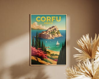 May include: A framed art print featuring a scenic view of Corfu, Greece. The artwork depicts a coastal landscape with a fortress on a rocky island, turquoise waters, sailboats, and lush greenery. The word "CORFU" is displayed in large yellow letters.