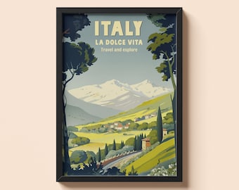 Póster de viaje vintage de Italia: Arte mural digital La Dolce Vita, paisaje retro de la campiña italiana, regalo digital instantáneo vintage de Italia.