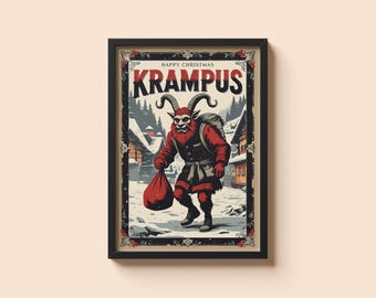 Vintage Krampus Christmas Poster  – Retro Alpine Folklore Wall Art, Dark Gothic Krampusnacht Decor, Digital Instant Printable Download