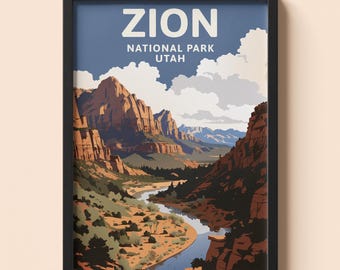 Plakat vintage z Parkiem Narodowym Zion | Krajobraz Kanionu Utah | Retro USA Podróże Ścienne, Cyfrowe Pobranie Natychmiastowe, Plakat do Wydruku Prezent