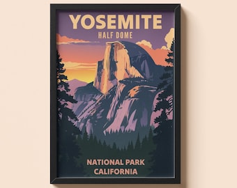 Plakat vintage z Parku Narodowego Yosemite | Zachód słońca w Half Dome, kalifornijska sztuka ścienna w stylu retro, cyfrowe pobieranie natychmiastowe, plakat do druku na prezent