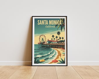 Póster de viaje vintage de Santa Mónica, California: arte retro de playa, impresión de muelle costero, descarga digital instantánea, póster imprimible para regalar.