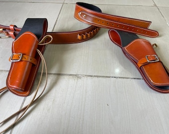 Fundas dobles con cinturón, fundas de cuero personalizadas, fundas de cartucho estilo western, munición vaquera hecha a mano, cinturón de cuero para revólver, calibres .22, .357, .38, .44, .45 y .357