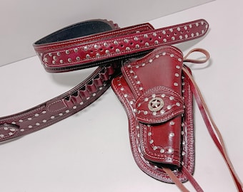 Funda individual con cinturón, fundas personalizadas para cartuchos estilo western, munición vaquera hecha a mano, funda de cuero puro para revólver, calibres .22, .357, .38, .44, .45 y .357