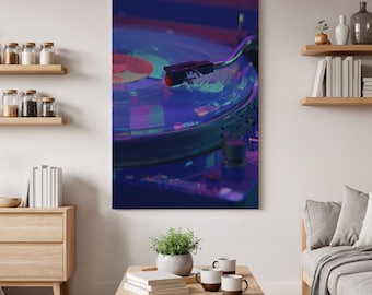 Neon Turntable Canvas Wall Art, Retro Vinyl Record Print, Aesthetic Music Lover Decor, Modern Audio Canvas for Home Studio, Funky Gift