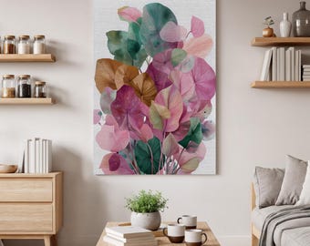 Arte mural con hojas botánicas coloridas, lienzo moderno con plantas, estampado de hojas vibrantes, tapiz de naturaleza abstracta, decoración botánica para sala de estar.