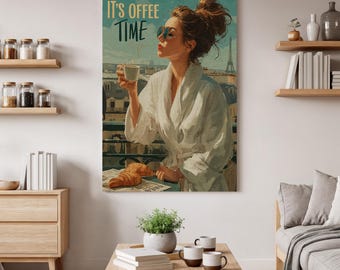 Coffee Time Canvas Wall Art, Paris Balcony Canvas, Croissant Breakfast Print, Vintage Morning Artwork, Elegant French Lifestyle Canvas Decor