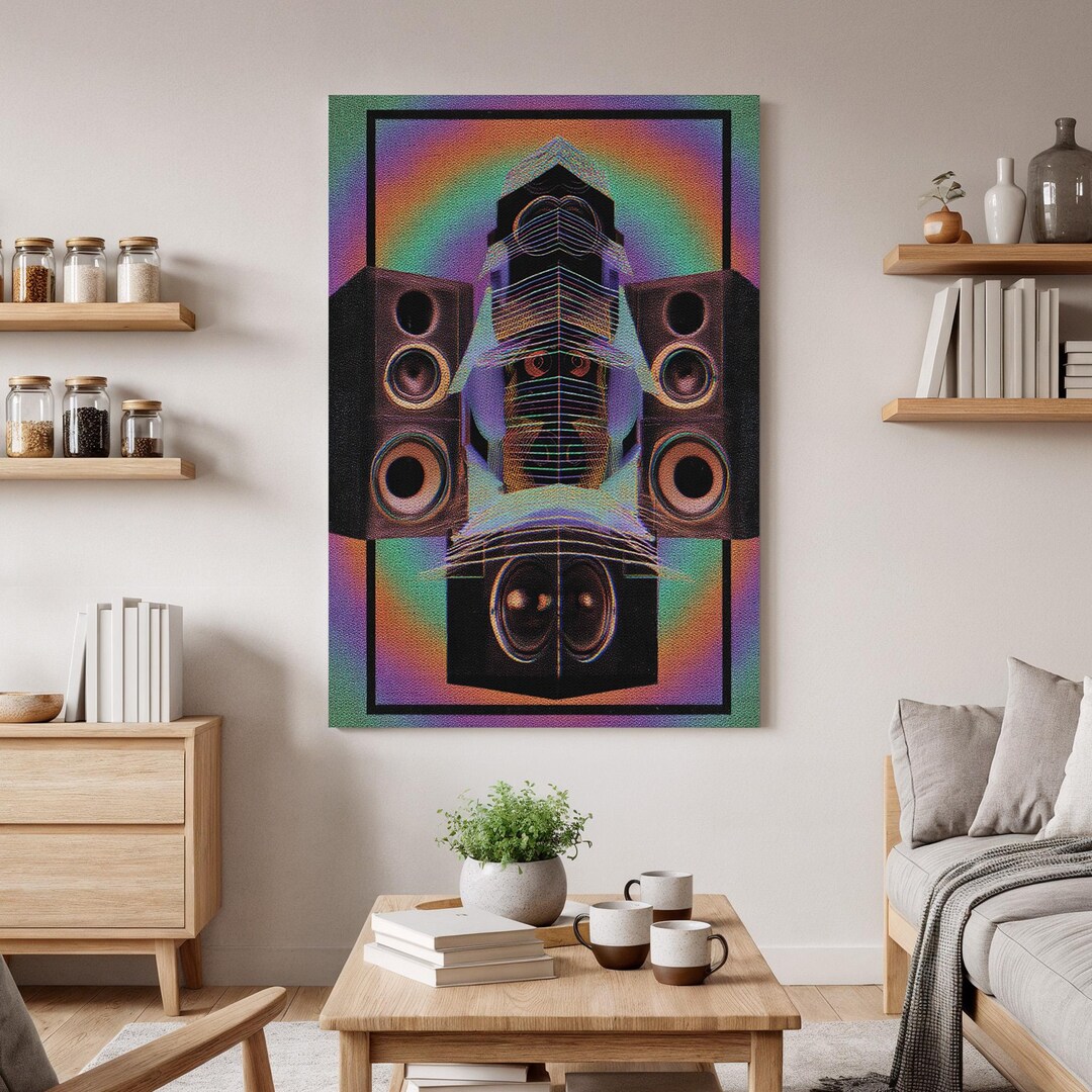 Retro Audio Speaker Canvas Wall Art, Colorful Abstract Sound System ...