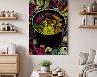 Surreal Vegetable Soup Wall Art, Colorful Kitchen Canvas Print, Fantasy Food Illustration, Quirky Culinary Canvas for Home Décor