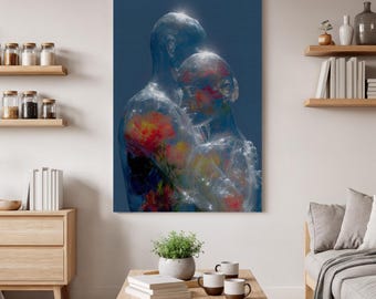 Abstract Embrace Canvas Wall Art, Couple Hug Sculpture Artwork, Emotional Glass-Like Figurine, Modern Love Decor for Home, Emotional Depth