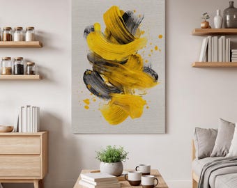 Gelbe abstrakte Wandkunst, moderne Pinselstrich-Leinwand, gelb-schwarzer Kunstdruck, zeitgenössisches minimalistisches Kunstwerk, Wohnkultur