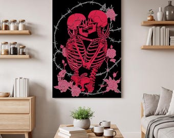 Arte em tela de casal de esqueletos, impressão de amor gótico, decoração de parede de romance sombrio, arte de arame farpado e rosas, arte alternativa para quarto, presente para gótico