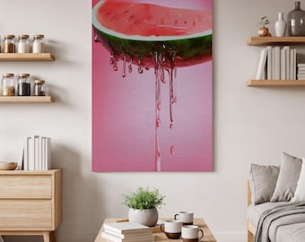 Watermelon Slice Wall Art, Juicy Summer Fruit Canvas, Pink Dripping Watermelon Print, Vibrant Kitchen Art, Fresh Fruit Wall Decor