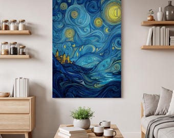 Canvaskunst sterrenhemel, wervelende nachtblauwe print, dromerig abstract landschap, kosmisch muurdecor, slaapkamer muurkunst, cadeau voor kunstliefhebbers