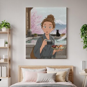 Anime Girl Hot Spring Wall Art, Japanese Style Canvas, Sushi and Cat Print, Relaxing Onsen Canvas, Cozy Anime Room Decor