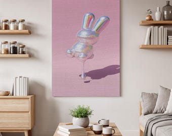 Dripping Bunny Rabbit sculptuur canvas muurkunst, glanzend metallic konijn op roze achtergrond, eigenzinnig pop-art Home Decor voor moderne ruimtes