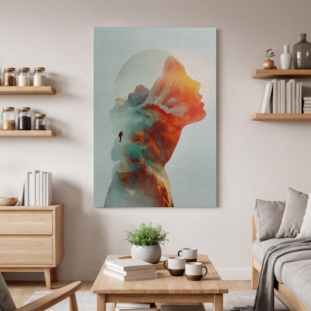 Double Exposure Mountain Wall Art, Surreal Landscape Canvas, Adventure ...