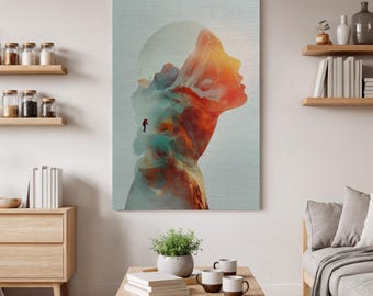 Double Exposure Mountain Wall Art, Surreal Landscape Canvas, Adventure Inspired Home Decor, Modern Nature Art Print, Explorer Design