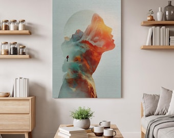 Double Exposure Mountain Wall Art, Surreal Landscape Canvas, Adventure Inspired Home Decor, Modern Nature Art Print, Explorer Design