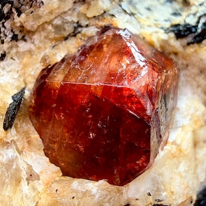 Op de afbeelding: Een close-up van een levendig, gefacetteerd, rood-oranje kristal ingebed in een matrix van beige en witte mineralen. Het kristal heeft een glanzend oppervlak en scherpe randen, die licht reflecteren. De omringende matrix heeft een ruwe, getextureerde uitstraling.