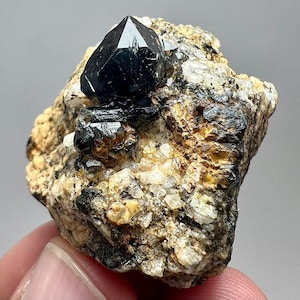 May include: A close-up of a mineral specimen featuring a large, lustrous black crystal formation atop a matrix of beige and white crystalline rock. The dark crystals contrast with the lighter-coloured base, showcasing natural geological beauty.