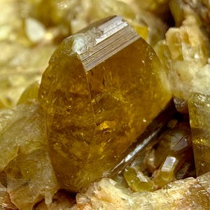 Könnte beinhalten: Nahaufnahme einer goldgelben Kristallformation. Der Hauptkristall ist scharf definiert mit einer facettierten, geometrischen Form. Umgebende Kristalle haben eine ähnliche Farbe und Textur, wodurch eine natürliche, mineralreiche Zusammensetzung entsteht. Die Kristalle sind durchscheinend.