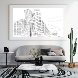 Prague Dancing House Illustration: Modern Architecture Art Print (Digital Download