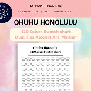 Ohuhu Honolulu Marker-staalkaart: 120 kleuren, hexadecimale codes (digitale download, pdf/png, A5/A4/Letter-formaten)
