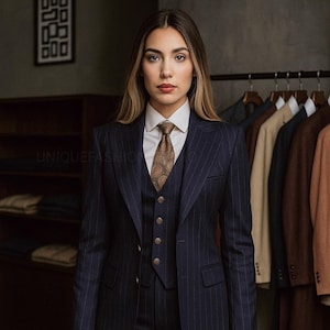 May include: A navy blue pinstripe suit with a matching vest and trousers. The suit is worn with a white collared shirt and a patterned tie. The text "UNIQUEFASHION" is visible on the image. A rack of suits hangs in the background.