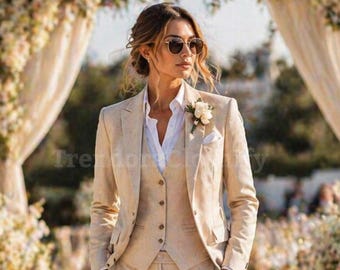 Traje de esmoquin beige para mujer / Traje elegante de boda de 3 piezas / Trajes de fiesta / Traje de pantalón de novia