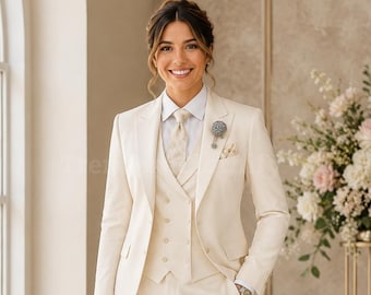 Wedding Cream Slim Fit 3-Piece Suit : Handmade Bridesmaid Suits Women  Party Wear Outfit