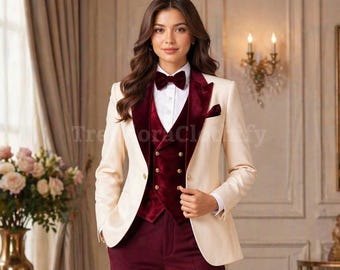 Ivory Jacket and Burgundy velvet Vest 3-Piece Elegant Suit: Bridesmaid Wedding Outfit