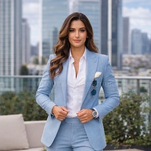 May include: A light blue suit, comprising a blazer and trousers, worn with a white shirt. The blazer has a pocket square and sunglasses. A watch is visible on the wrist. The background shows a cityscape.