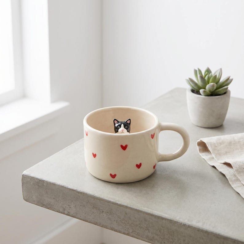 May include: Cream-colored ceramic mug with red heart accents. A black and white cat figurine is inside the mug. The mug has a rounded handle and is sitting on a gray surface.