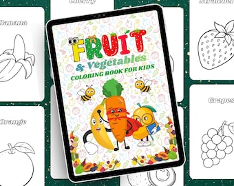 May include: A digital coloring book for kids titled "Fruit & Vegetables Coloring Book for Kids" is displayed on a tablet. The cover features cartoon fruits and vegetables, including a banana, carrot, and mango. Surrounding the tablet are illustrations of various fruits.