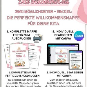 May include: A digital information sheet detailing two options for a daycare welcome folder: a printable document and a customizable Canva template. The text includes 'Das bekommst du', 'Zwei M&ouml;glichkeiten - ein Ziel: Die perfekte Willkommensmappe f&uuml;r deine Kita', and instructions for printing or editing the files featuring animal illustrations.