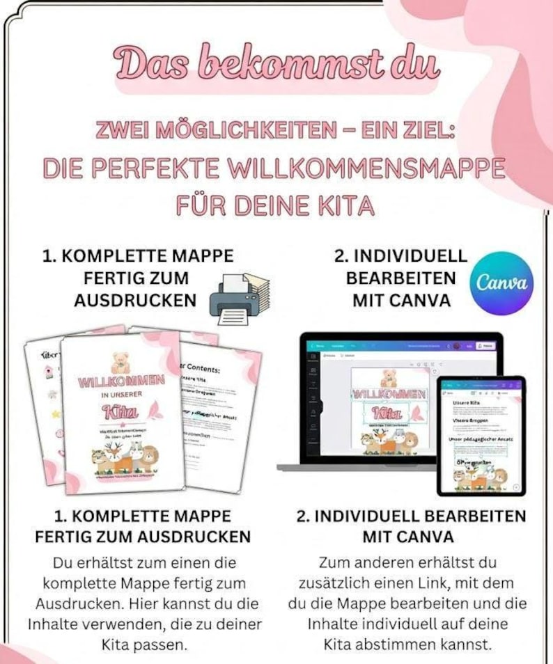 May include: A digital information sheet detailing two options for a daycare welcome folder: a printable document and a customizable Canva template. The text includes 'Das bekommst du', 'Zwei M&ouml;glichkeiten - ein Ziel: Die perfekte Willkommensmappe f&uuml;r deine Kita', and instructions for printing or editing the files featuring animal illustrations.