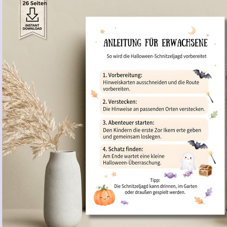 May include: A white instructional card titled ANLEITUNG F&Uuml;R ERWACHSENE with four numbered steps for a Halloween scavenger hunt. The design features illustrations of bats, a ghost, a pumpkin, candy, and leaves, with text in German.