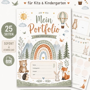 Op de afbeelding: Een digitaal portfoliomalplaatje voor de kleuterschool en kinderopvang met aquarelillustraties van een zon, luchtballon, regenboog, bergen, bomen, beer, egel, vos en konijn. De omslag bevat de tekst Mein Portfolio.